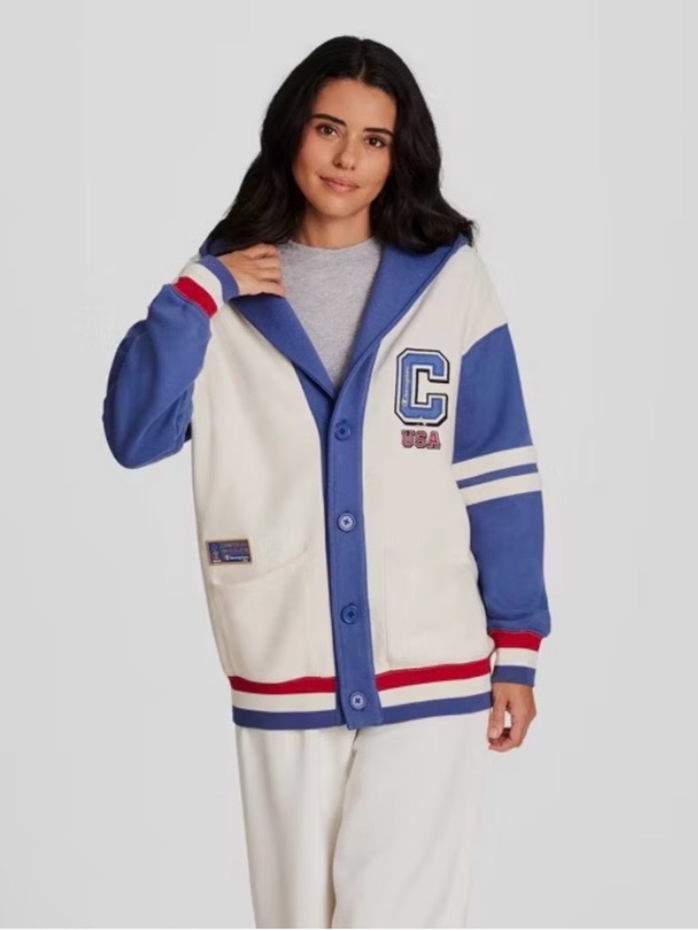 Champion Women's Small Gold Medal Olympic Cream Blue Hooded Cardigan Hoodie USA
